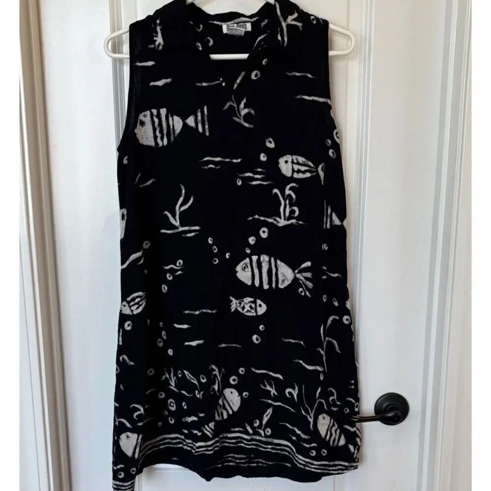 Vintage Dee Dee's Sz M Black Batik Fish Boho Short Shift Dress Sleeveless Collar